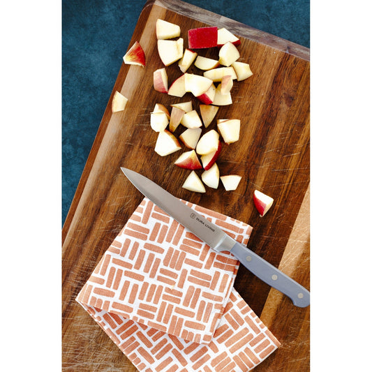 Dura Living Superior 2-piece gray kitchen knife set with stainless steel blades on a wooden cutting board.