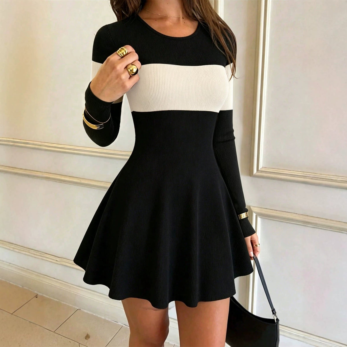 Women's color-block patchwork round-neck long-sleeve dress by My Store