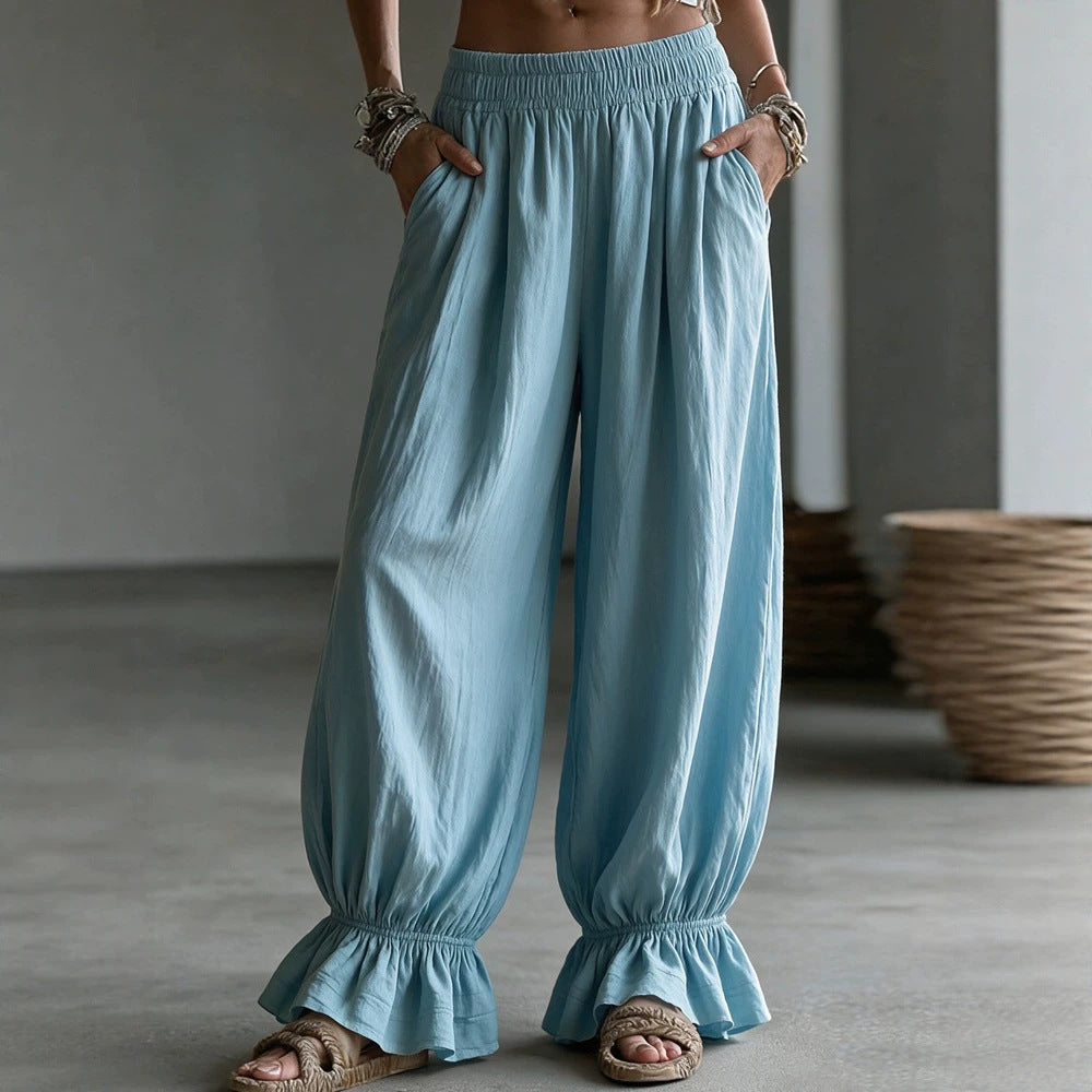Women's autumn solid-color casual pants, relaxed fit with elastic waistband.