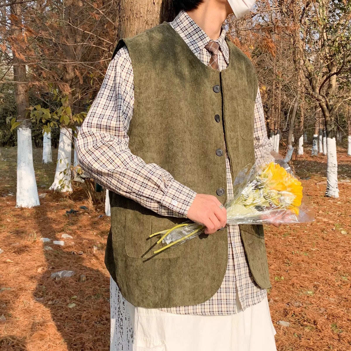 Retro-chic casual corduroy vest in versatile style, front view