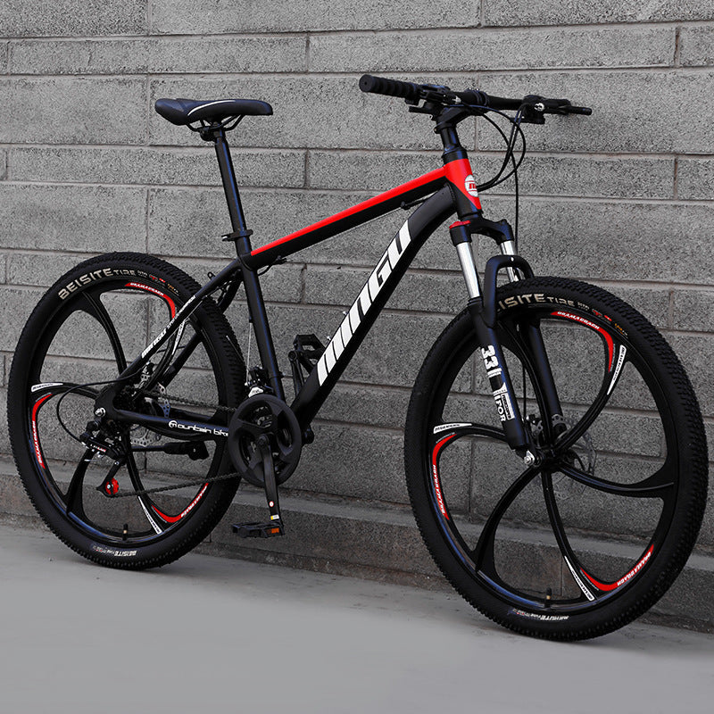 Mountain bike bicycle with disc brakes, shock absorption, and variable-speed gears in 24 or 26 inch size