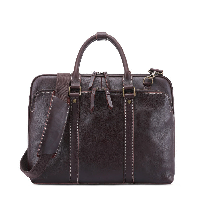 Men's leather briefcase shoulder crossbody bag in black with top handles and adjustable strap