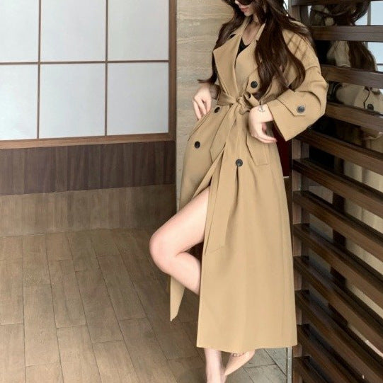 Women's high-end double-breasted trench coat with classic tailored silhouette