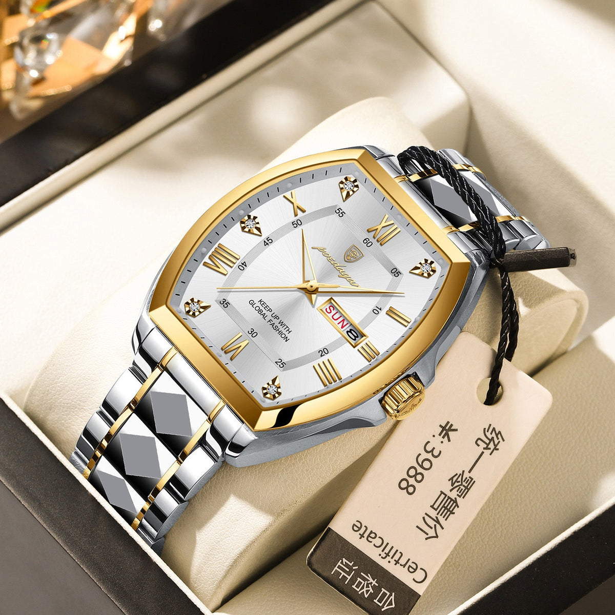 Waterproof luminous barrel-shaped quartz men's watch with glowing hands and a sleek barrel case