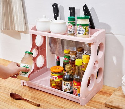 Multilayer kitchen storage shelving for organizing kitchen supplies, shown in a compact tiered design