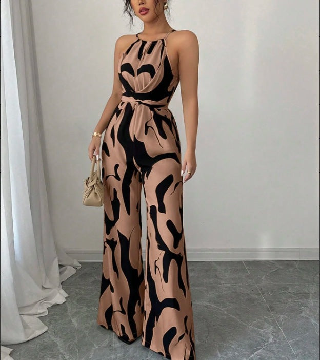 Women's milk-pattern halter neck jumpsuit with tie-back open back bodysuit design