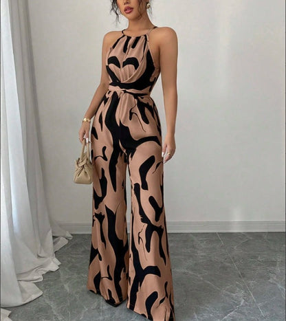 Women's milk-pattern halter neck jumpsuit with tie-back open back bodysuit design