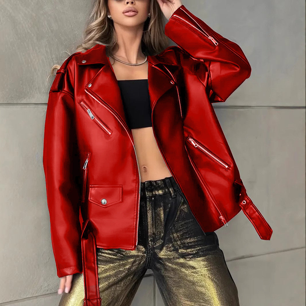 Women’s leather biker jacket in a relaxed boyfriend-style fit by My Store