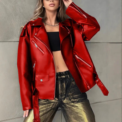 Women’s leather biker jacket in a relaxed boyfriend-style fit by My Store