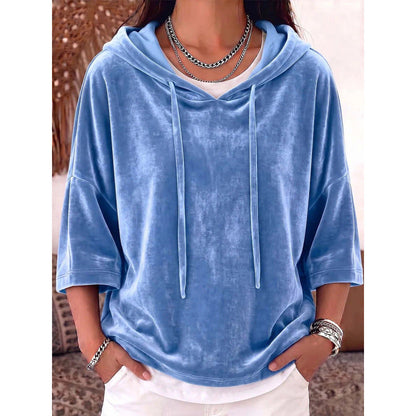 Solid-color drawstring three-quarter-sleeve velvet hoodie in a soft, casual design