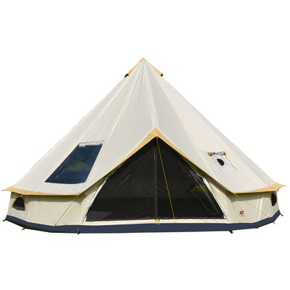 Outdoor camping yurt tent with pyramid design, chimney opening, and sunscreen fabric