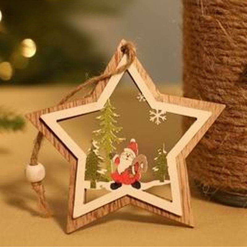 Christmas decorations wooden cabin pendants hanging ornaments, rustic winter holiday design
