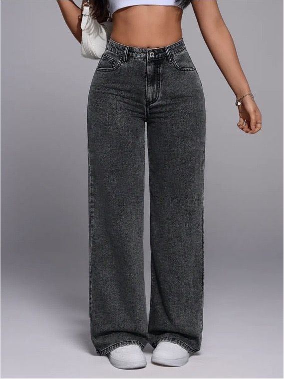 Draped floor-length black straight-leg jeans by My Store against a plain background