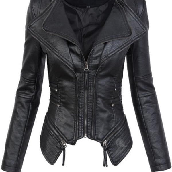 PU leather zippered patchwork jacket coat with textured panels and long sleeves