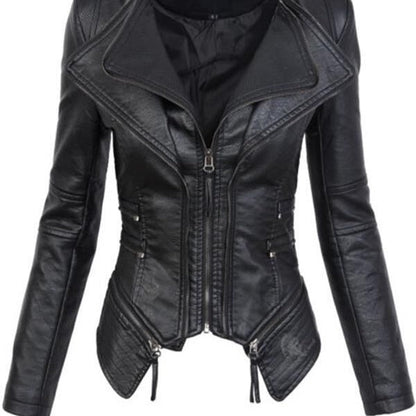 PU leather zippered patchwork jacket coat with textured panels and long sleeves