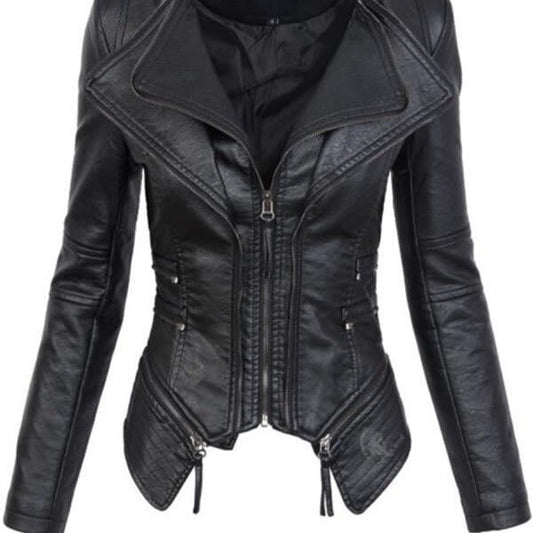 PU leather zippered patchwork jacket coat with textured panels and long sleeves