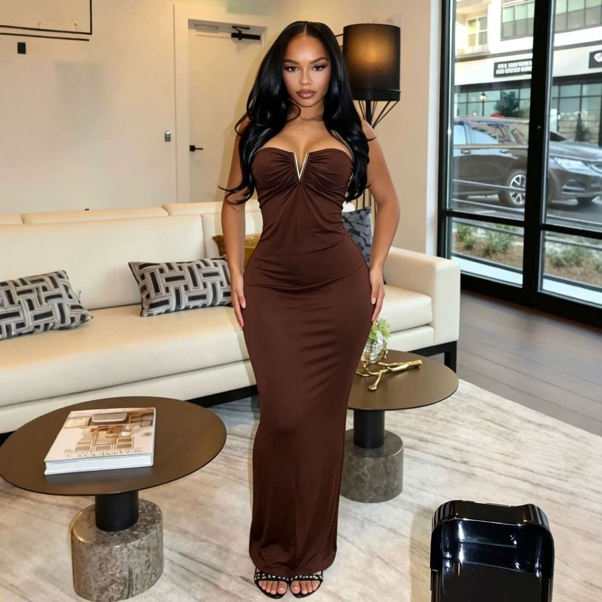 Strapless V-clasp embellished dress by My Store