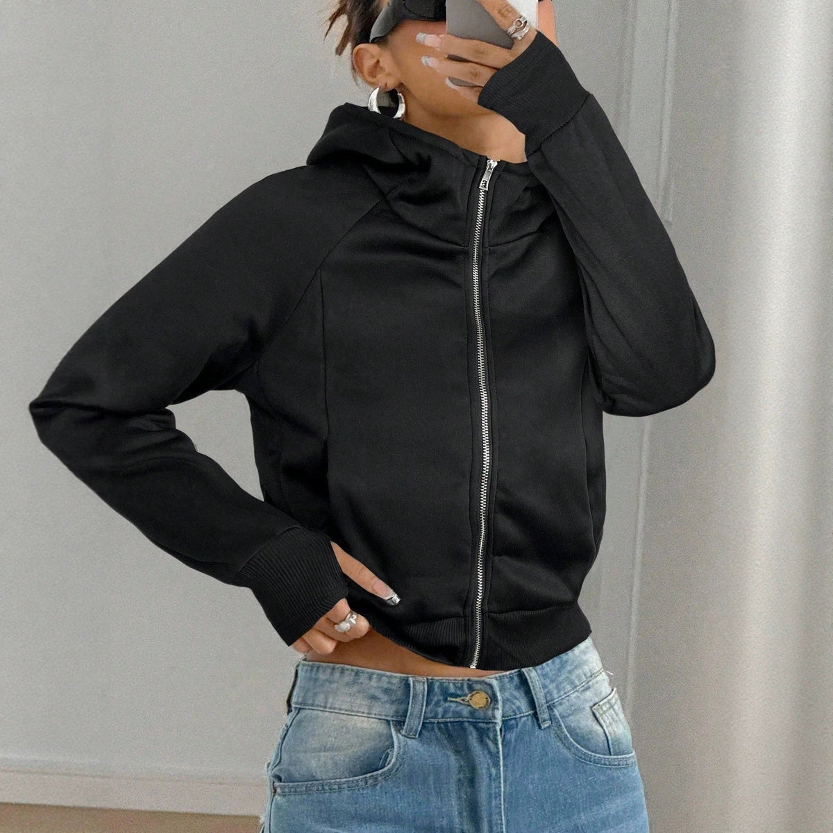 Solid-color cropped hooded sweatshirt for women by My Store