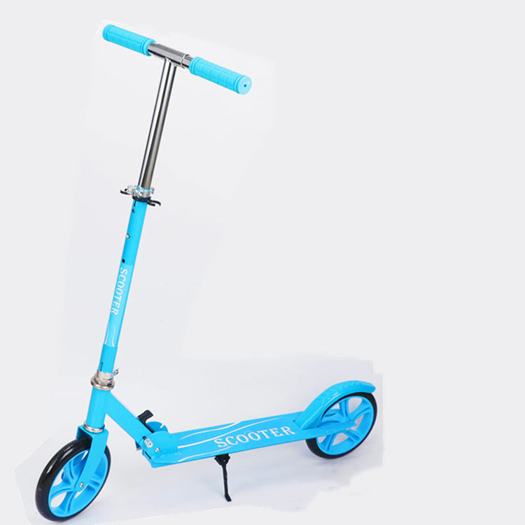 Two-wheeled foldable campus mobility scooter displayed upright with compact folding frame and handlebars