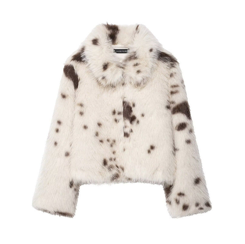 Women's artificial fur animal pattern coat in a soft textured design, front view