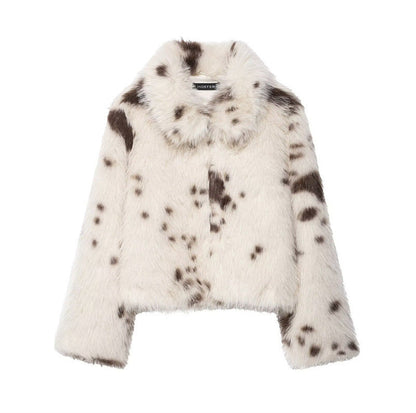 Women's artificial fur animal pattern coat in a soft textured design, front view