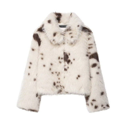 Women's artificial fur animal pattern coat in a soft textured design, front view