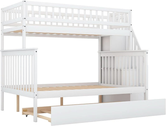 White wood twin over full bunk bed with stairs and trundle, featuring a sturdy design and space-saving storage options.