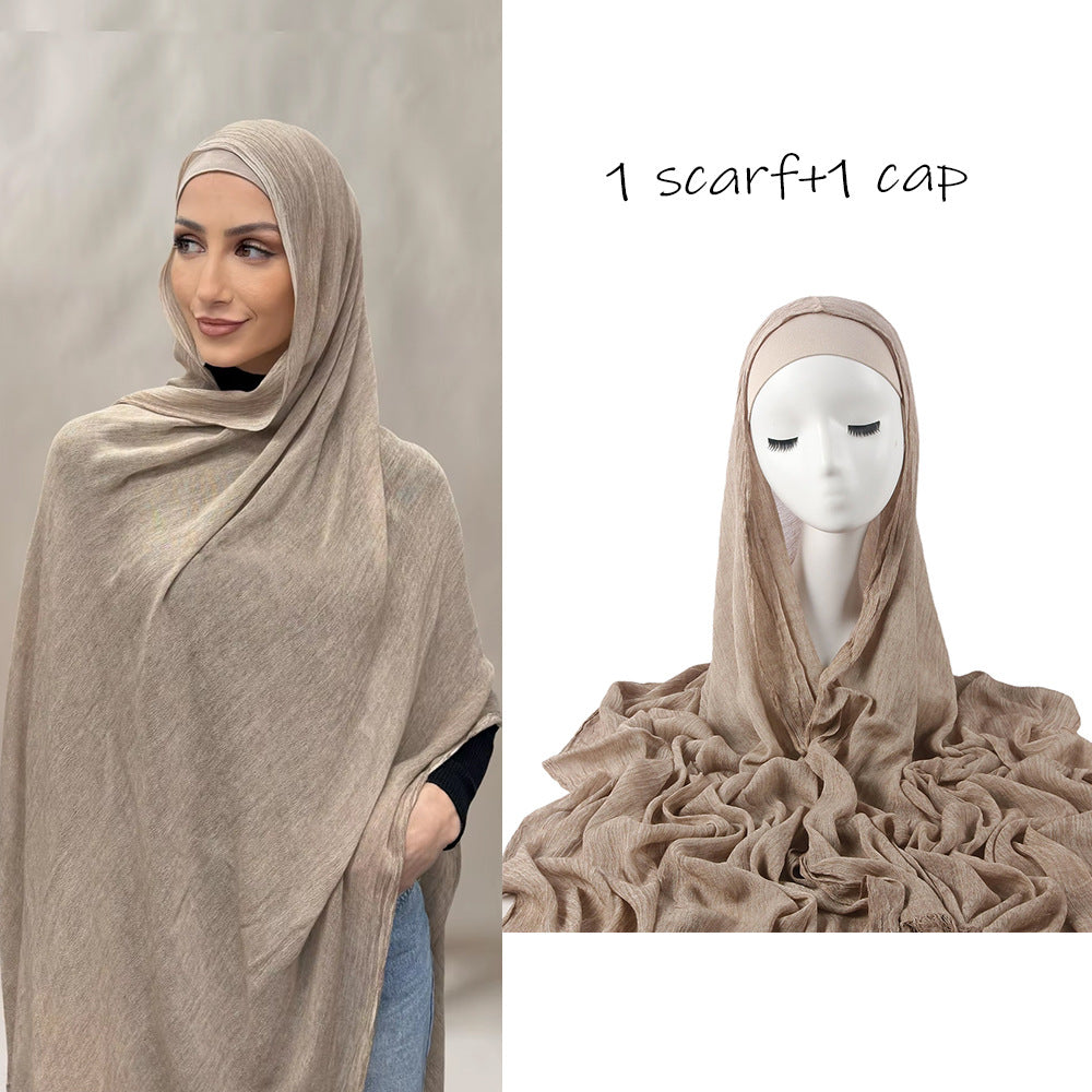 Solid-color pleated faux hijab for women, draped fabric head covering in a simple style