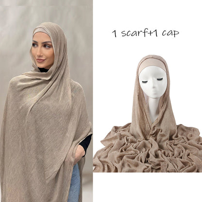 Solid-color pleated faux hijab for women, draped fabric head covering in a simple style