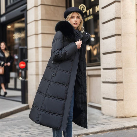 Women's winter slim long hooded coat with fur hood and belt in solid color