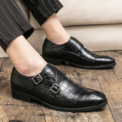 British-style men's leather shoes with square toe and embossed pattern