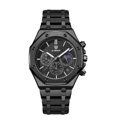 Men's moon phase watch by BACKUPMYFILESNOW.COM® with multifunctional dial showing date, time, and lunar cycle details.
