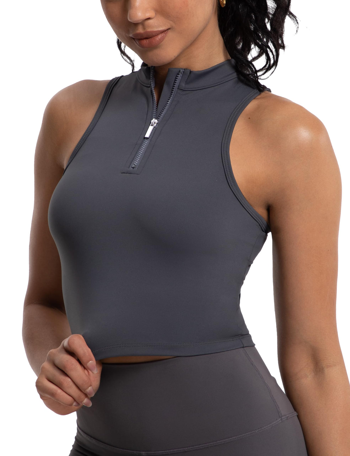 SportyChic Zip Tank with Built-in Bra by BACKUPMYFILESNOW®, showing a close-up of the athletic tank top with front zipper and supportive design.
