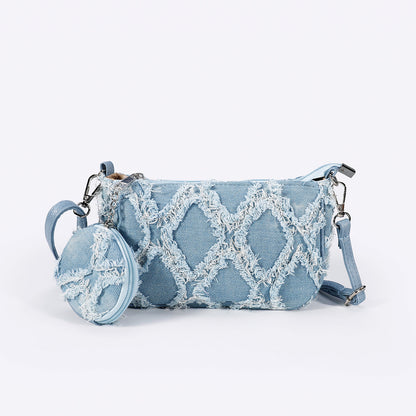 Blue denim shoulder bag from Skyflame GmbH, casual Umhängetasche with adjustable strap and spacious main compartment.