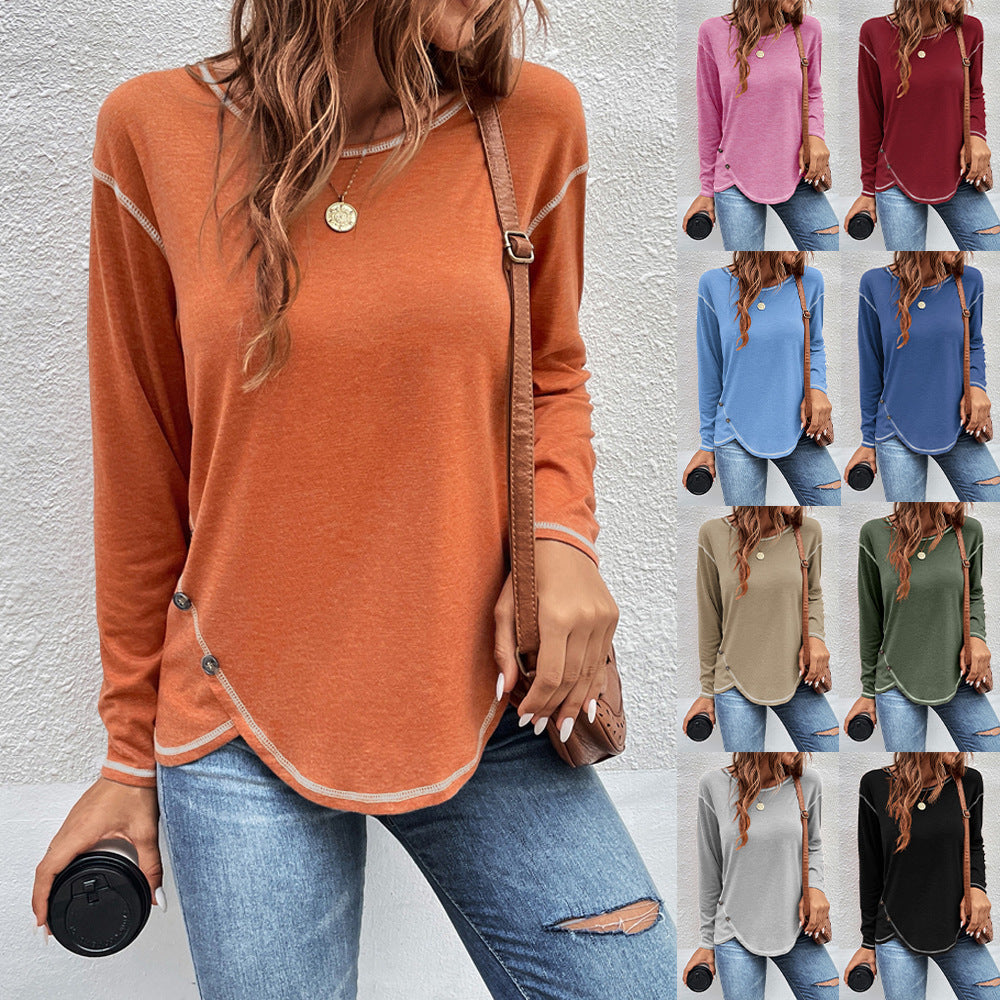 Women's solid button irregular-edge T-shirt with asymmetrical hem detail, front view