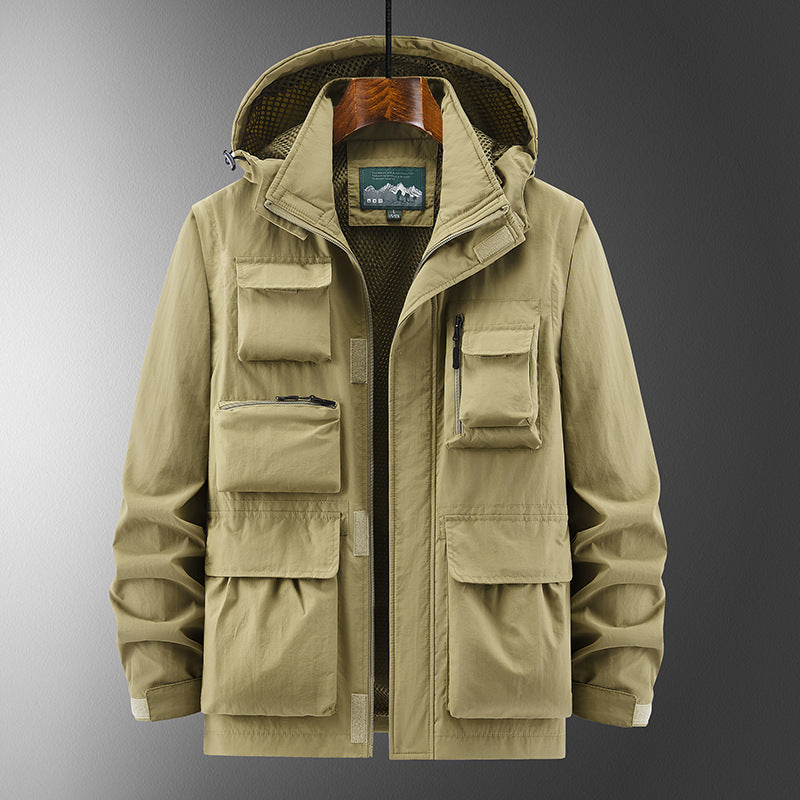 Outdoor shell jacket overalls jacket in durable fabric, front view of practical outdoor apparel