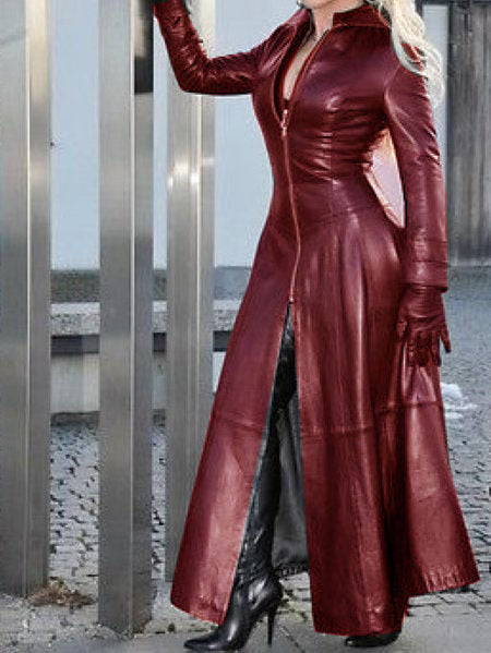Women's long leather fashion coat with stand collar by My Store