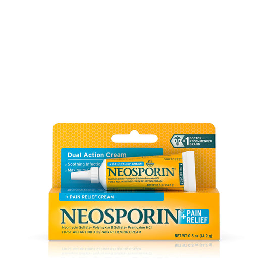 Neosporin Dual Action Pain Relief Cream tube, showing the packaging with product label and applicator tip.