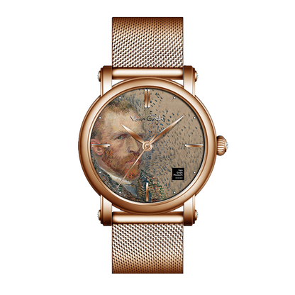 Van Gogh self-portrait 3D oil painting quartz men's watch with steel strap