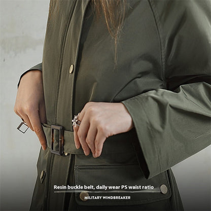 Retro olive green mid-length loose trench coat for women