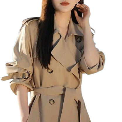 Korean-style mid-length trench coat for petite women, tailored jacket design