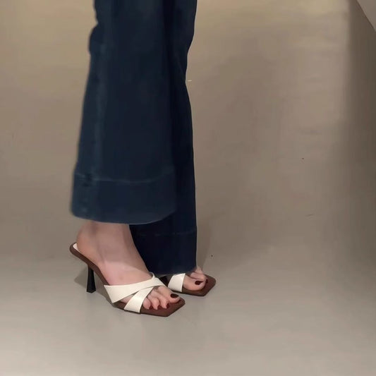 Elegant socialite cross-strap open-toe square-toe stiletto slides for women, 7cm high heels
