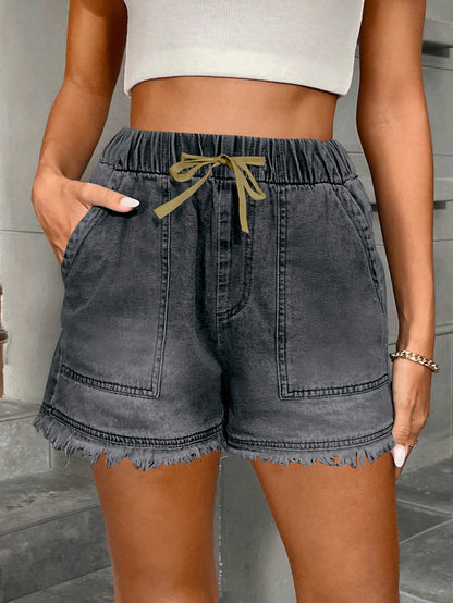 Women's denim shorts with elastic waist and drawstring, blue casual style