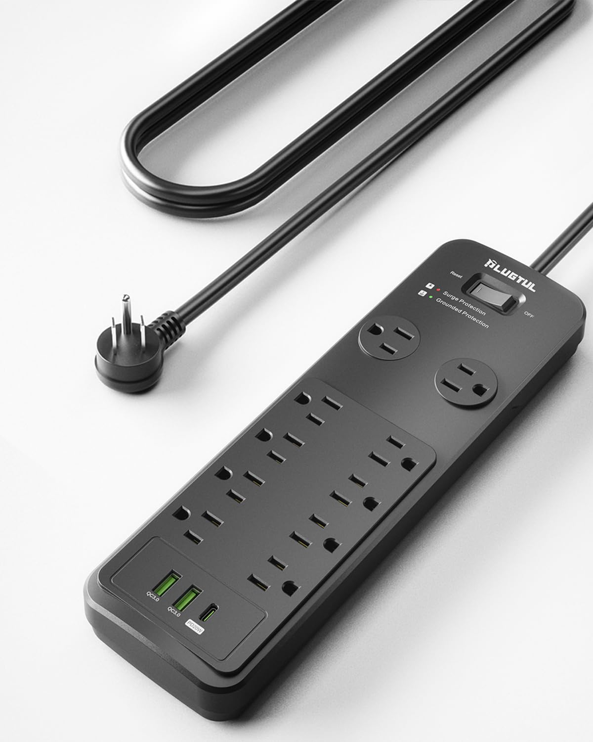 Surge Protector Power Strip 20FT PLUGTUL Surge Protector with 10 Outlets - Spacious Design for Large Plugs Flat Plug 20W USB C Charging for Home Office ETL Listed 2040J
