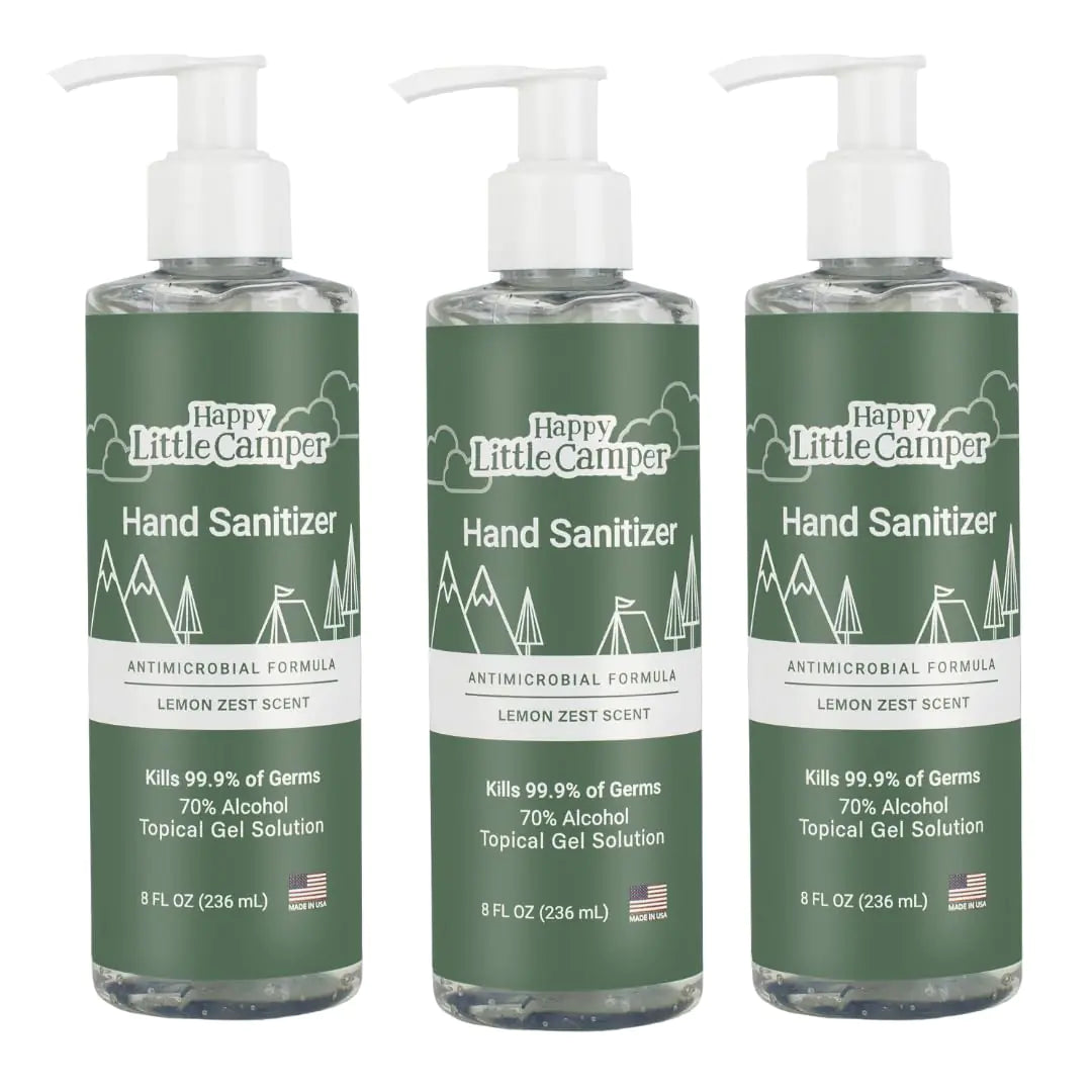 Happy Little Camper Hand Sanitizer with Lemon Zest Scent - Moisturizing Gel with Vitamin E & Antimicrobial Formula- Contains 70% Ethyl Alcohol - Travel Size Made in USA - 3x 8oz bottles