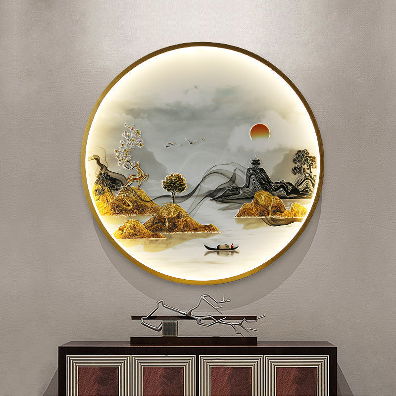 Three-dimensional relief circular wall landscape mural lamp for entryway decor