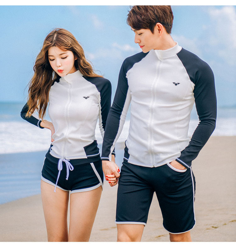 Couple diving suit split swimsuit snorkeling suit in black and blue panels