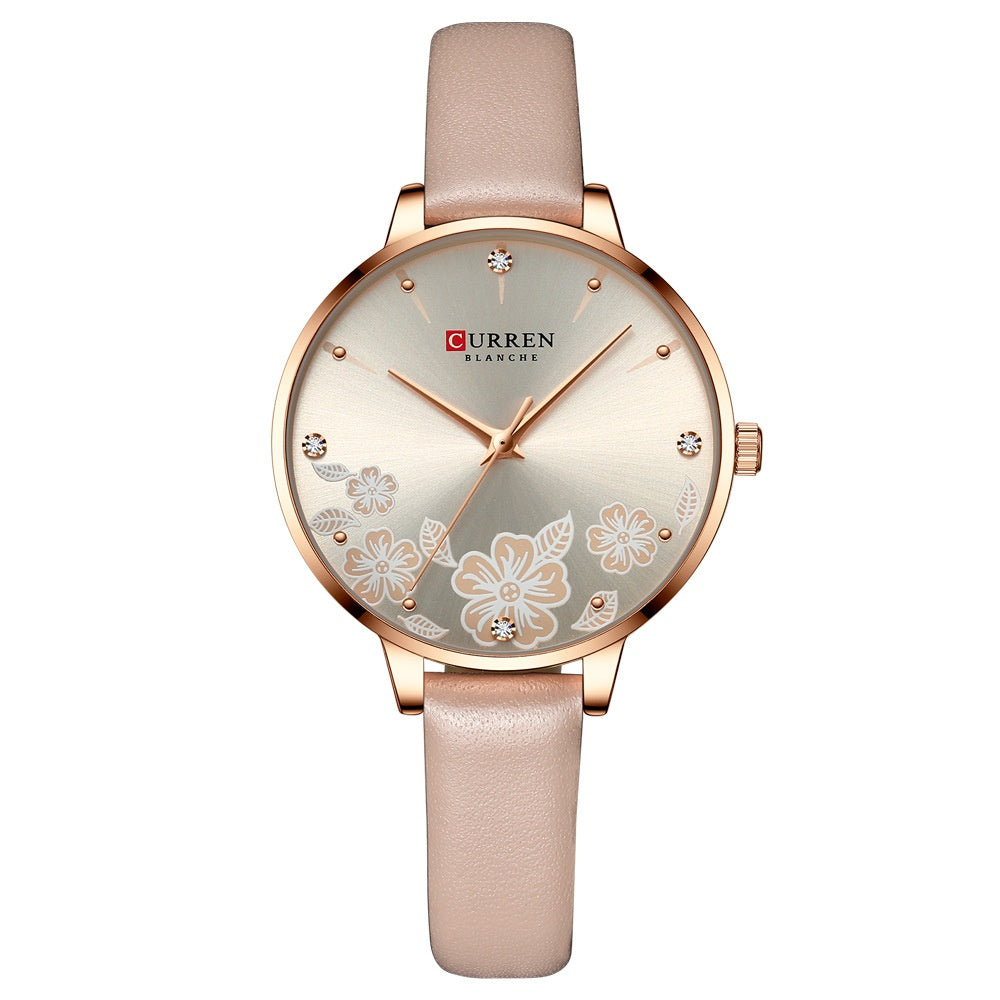 Women's waterproof casual leather small-dial watch with a classic round face and leather strap