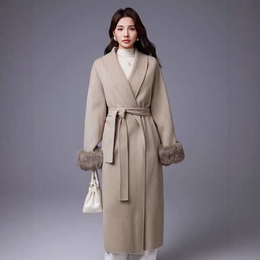 Women's thickened belted wool blend coat with fox-fur sleeves
