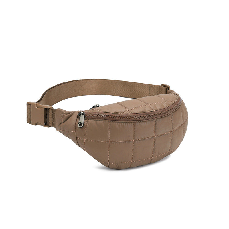 Solid-color casual crossbody waist bag with quilted diamond pattern, compact design and adjustable strap